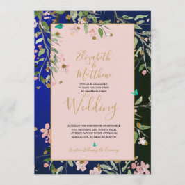 Convite Floral Marinho Azul Elegante, Rosa e Chinoiserie D