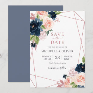 Convite Floral Marinho e Blush Geométrico Salvar a Data