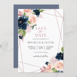 Convite Floral Marinho e Blush Geométrico Salvar a Data