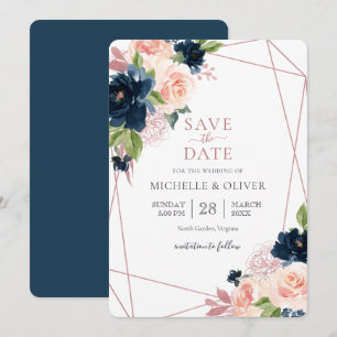 Convite Floral Marinho e Blush Geométrico Salvar a Data In