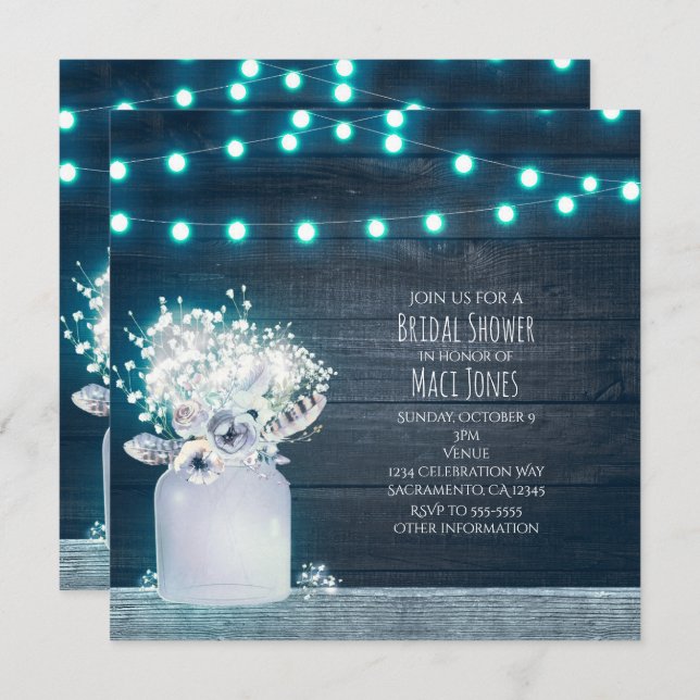 Convite Floral Mason Jar Blue Luzes Russas Noverno Bridal (Frente/Verso)