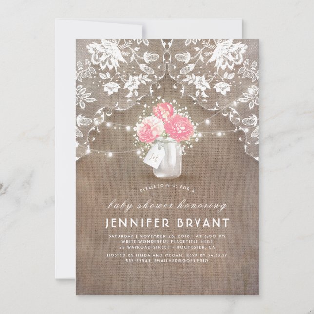 Convite Floral Mason Jar Lace e Chá de fraldas Burlap (Frente)