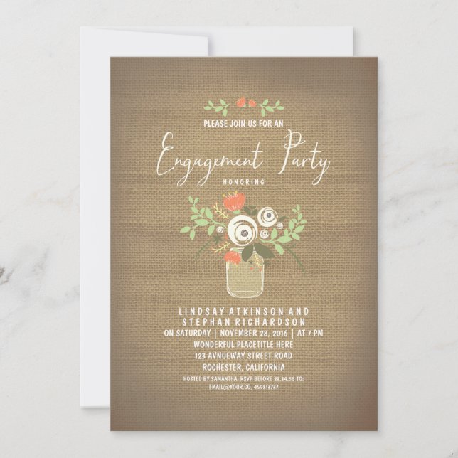 Convite Floral Mason Jar Rustic Burlap Festa de noivado (Frente)