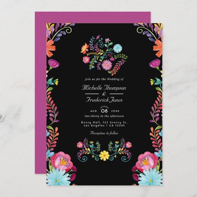 Convite Floral Mexicano Fiesta QR Code RSVP Wedding (Frente/Verso)