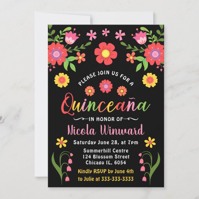 Convite Floral Mexicano Fiesta Quinceañera (Frente)