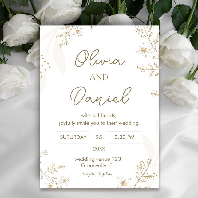Convite Floral Moderno Dourado (Modern Gold Floral Wedding invitation #zazzlemade #whitefloralinvitation #whitegoldinvitation)