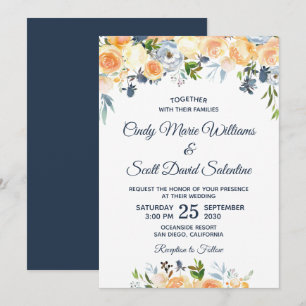 Convite Floral Moderno em Aquarela Azul Marinho Coral Casa