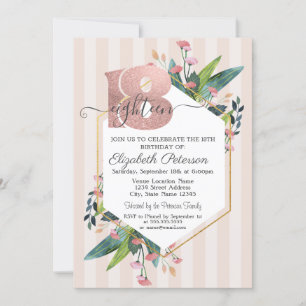 Convite Floral Moderno em Listras com Lantejoulas Aniversá