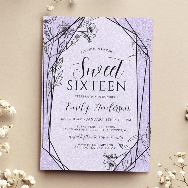 Convite Floral Moderno Lavanda Roxo Brilho Sweet 16 (Criador carregado)