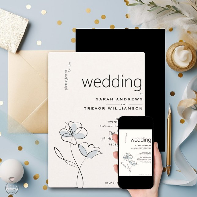 Convite Floral moderno minimalista azul e soprado (Criador carregado)