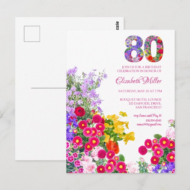 convite floral moderno para festa de 80 anos (Frente/Verso)