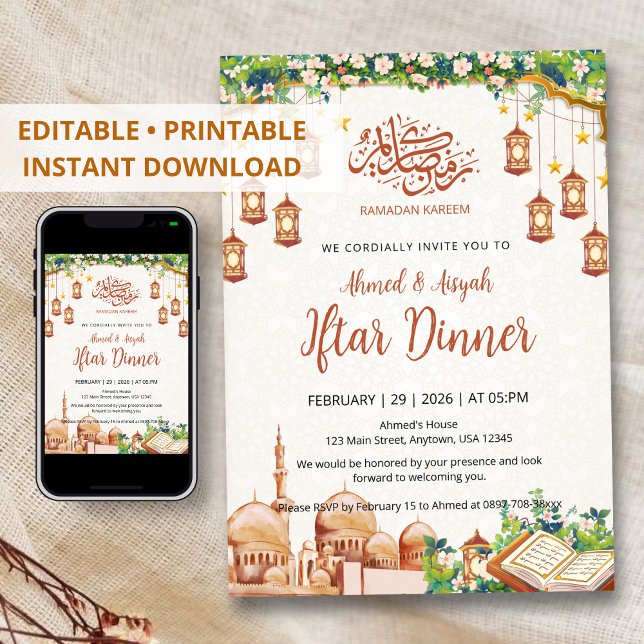 Convite Floral Mosque & Lanterns Ramadan Iftar Dinner (Criador carregado)