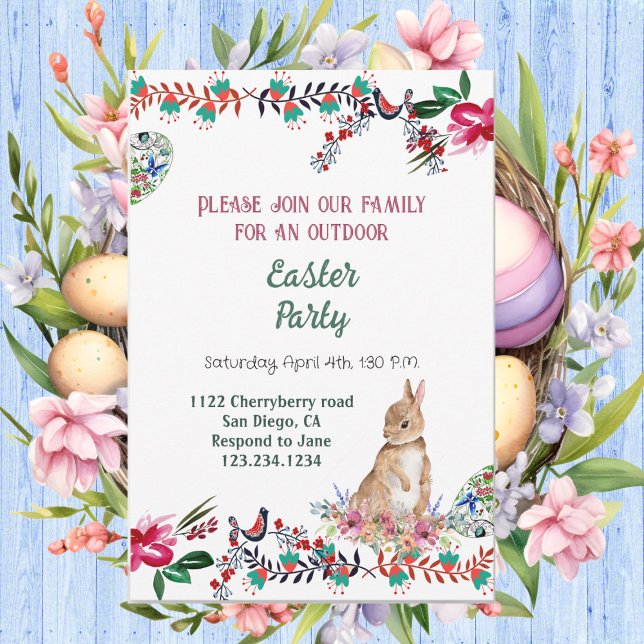 Convite Floral Motif Egg Watercolor Coelho Páscoa Verde (Floral Motif Egg Watercolor Greenery Easter Bunny Invitation)