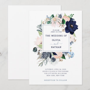 Convite Floral Náutico Azul Marinho Casamento