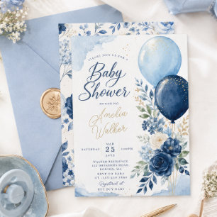Convite Floral Navy É um Menino Balão Chá de Bebê