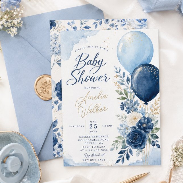 Convite Floral Navy É um Menino Balão Chá de Bebê (Criador carregado)