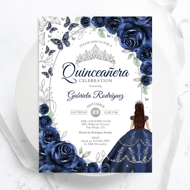 Convite Floral Navy Silver Quinceanera (Criador carregado)