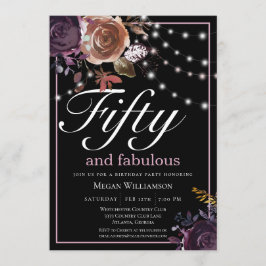 Convite Floral Negro Elegante 50 e aniversário fabuloso