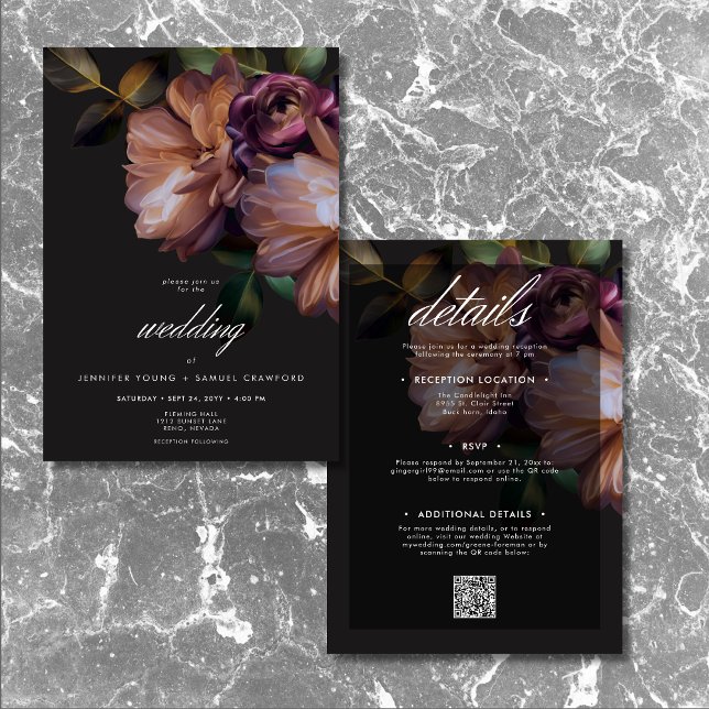 Convite Floral Negro Elegante Dois Lados (Elegant Black Moody Floral Two Sided Invitation)