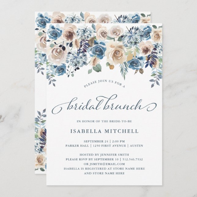 Convite Floral Neutro e Azul | Bridal Brunch (Frente/Verso)