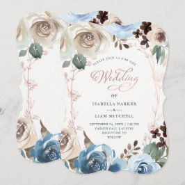 Convite Floral Neutro e Azul | Casamento Dourado Faux Rosa