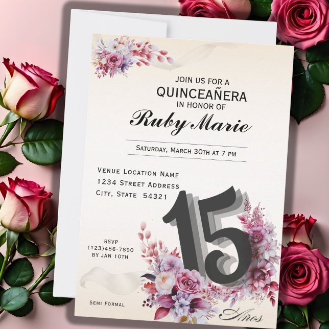 Convite Floral Number 15 Rose Tones Quinceanera Invitation (Criador carregado)