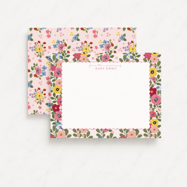 Convite Floral Nursery Hand Drawn Scallop Border Note Card (Criador carregado)