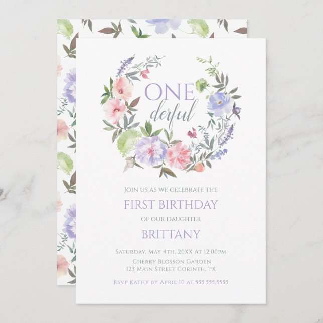 Convite Floral Onederful First birthday Invitation (Frente/Verso)