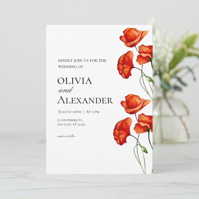 Convite Floral Orange Poppies Watercolor Wedding (Em pé/Frente)