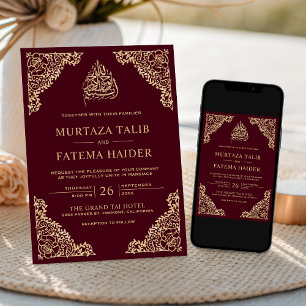 Convite Floral Ornamentado Bordeaux Dourado Casamento Islâ