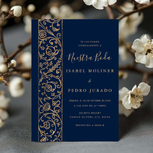 Convite Floral Ornate Dourado Marinho Nossa Noiva Casament