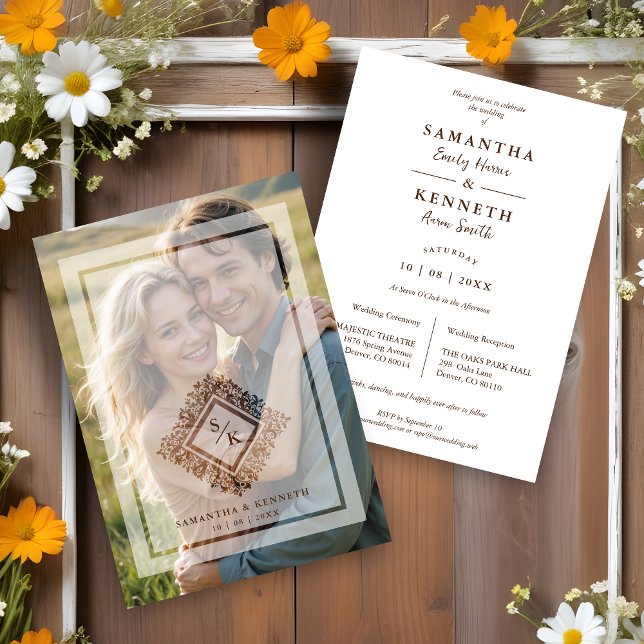 Convite Floral Ornate Frame Diamond Shape Wedding Initials (Floral Ornate Frame in Diamond Shape with Initials Photo Wedding Invitation Card with Vellum.)