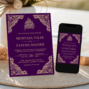 Convite Floral Ornate Roxo Dourado Casamento Islâmico Muçu