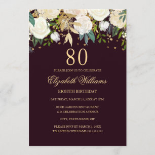 Convite Floral Ouro Borgonha para 80º Aniversário