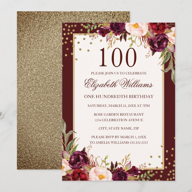 Convite Floral Ouro de Borgonha para 100º Aniversá (Frente/Verso)