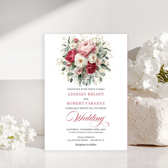 Convite Floral Ouro Rosa Clássico Boho (Classic Boho Ruby Red Blush Gold Floral Invitation)