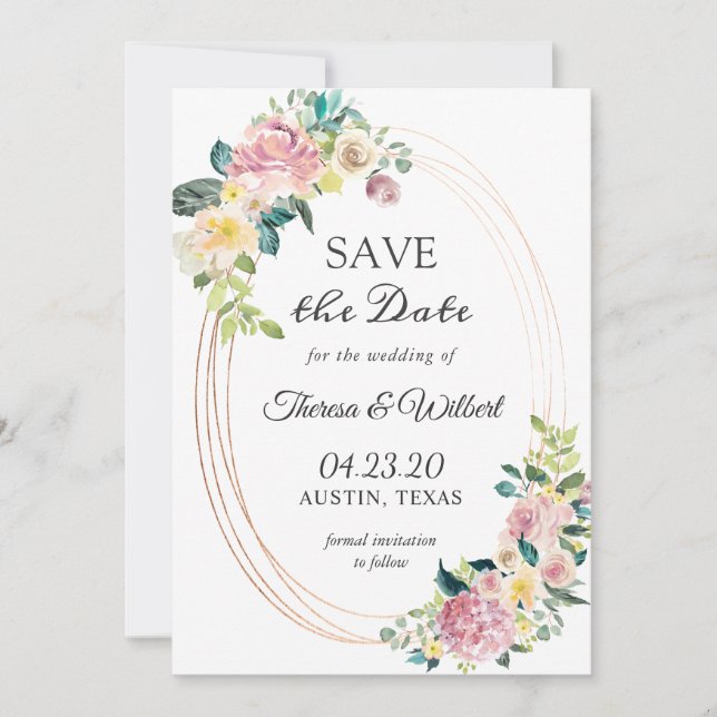 Convite Floral Oval Pastel para Salvar a Data (Frente)