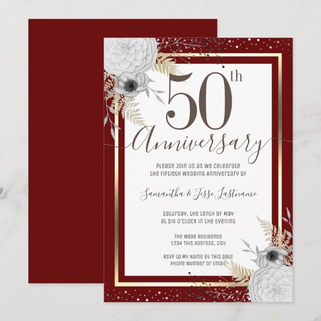 Convite Floral para Bodas de Ouro (Frente/Verso)