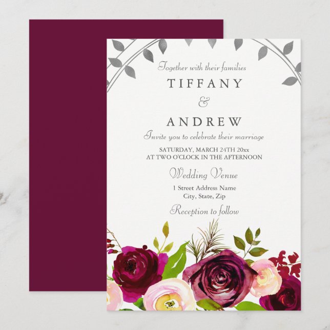 Convite Floral para Casamento Blush & Burgundy (Frente/Verso)
