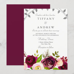 Convite Floral para Casamento Blush & Burgundy