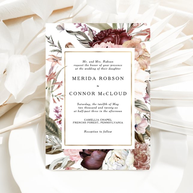 Convite Floral para Casamento Burgundy Boho (Criador carregado)