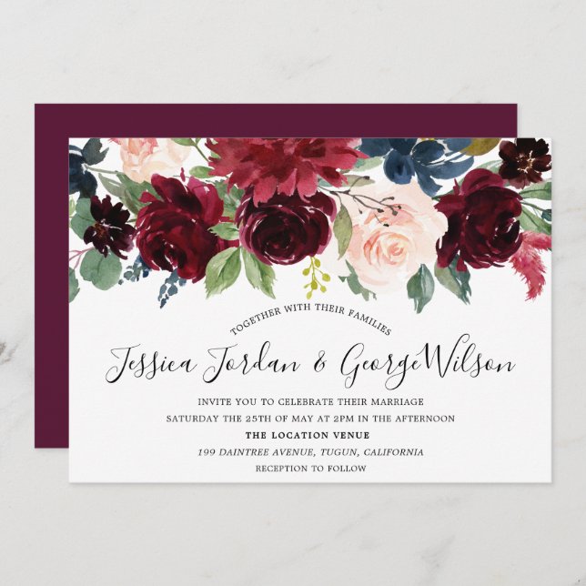 Convite Floral para Casamento Burgundy Boho Waterc (Frente/Verso)
