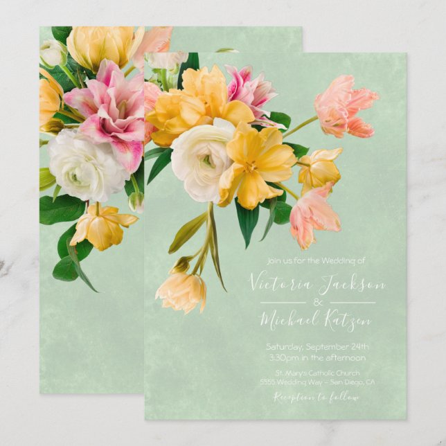 Convite Floral para Casamento de Bold e Bright Blo (Frente/Verso)