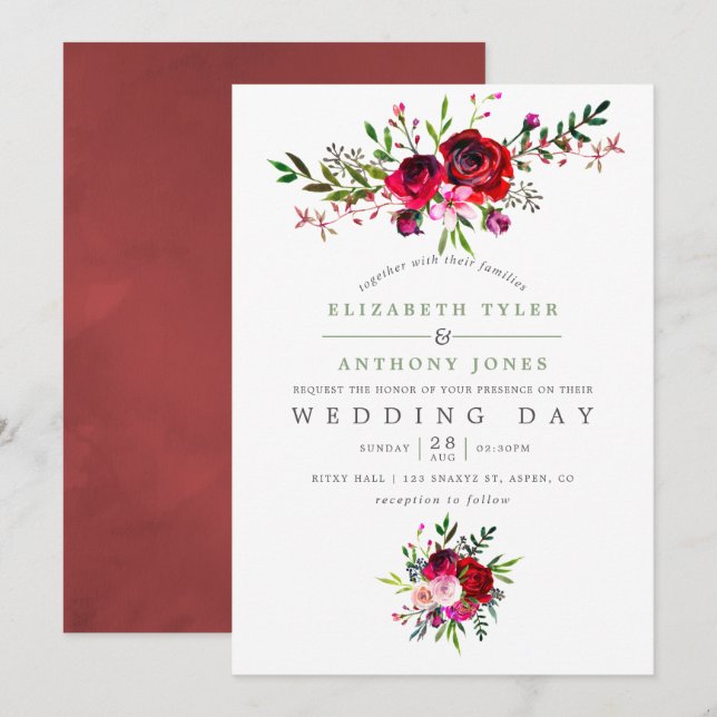 Convite Floral para Casamento de Outono (Frente/Verso)