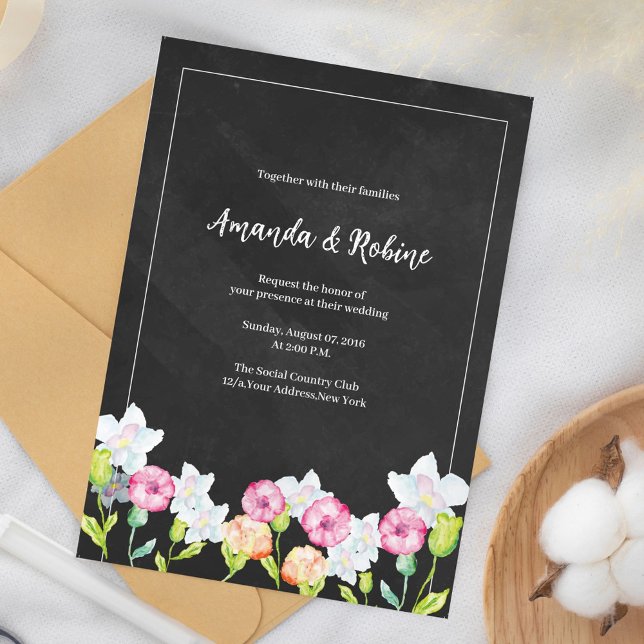 Convite Floral para Casamento Elegante Chalkboard (Criador carregado)