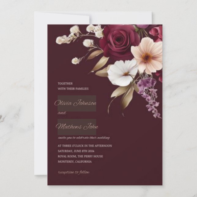 Convite Floral para Casamento Elegante Maroon (Frente)