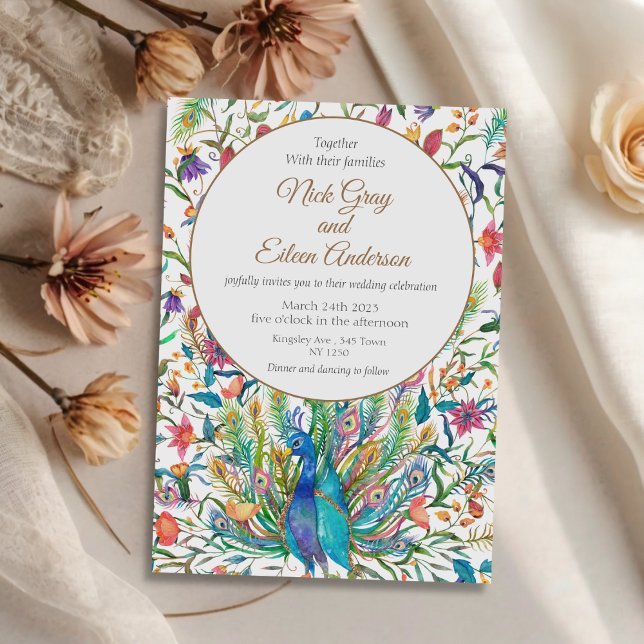 Convite Floral para Casamento Pavão e Penas (Floral Peacock Feather Wedding Invite)