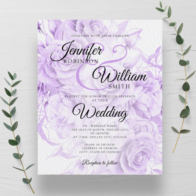 Convite Floral para Casamento Preto e Roxo (Budget Floral Wedding Invitation Black & Purple )
