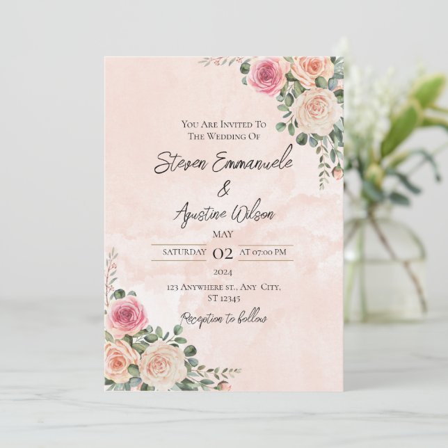 Convite Floral para Casamento Rosa e Creme (Em pé/Frente)