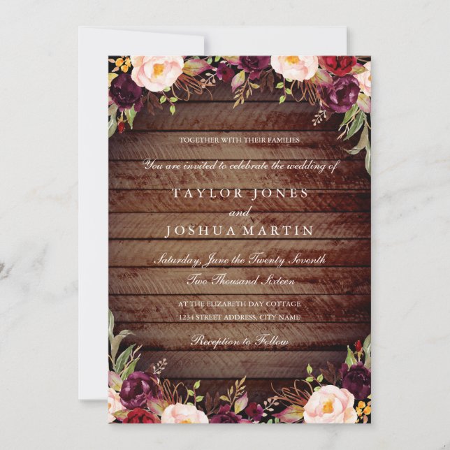 Convite Floral para Casamento Rustic Wood Burgundy (Frente)
